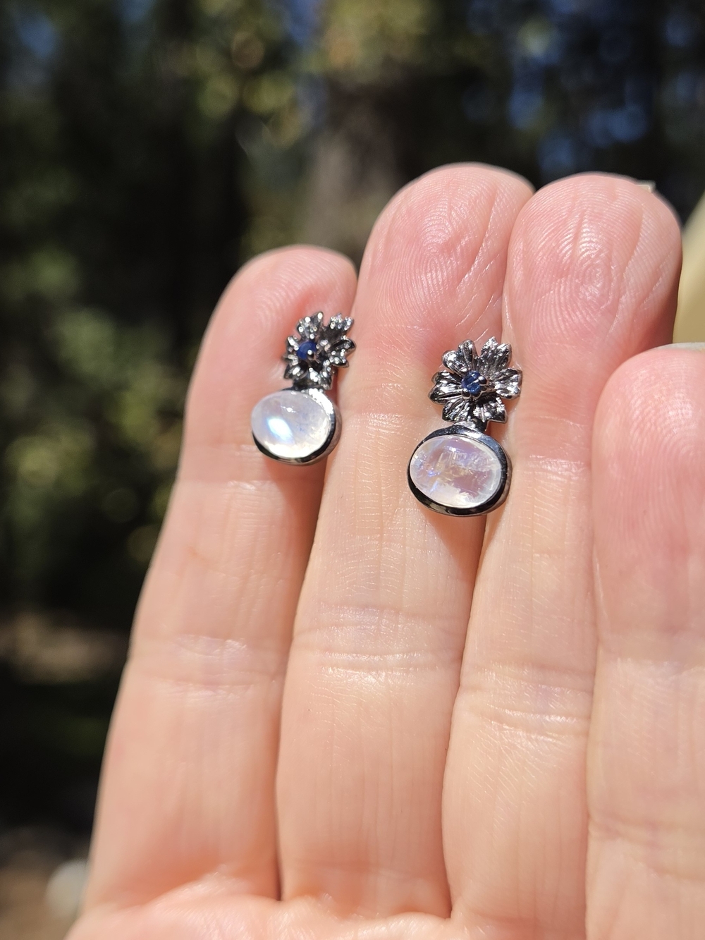 Moonstone 4k & Sapphire Sterling&Rhodium Floral Drop Earrings - Picture 4 of 9